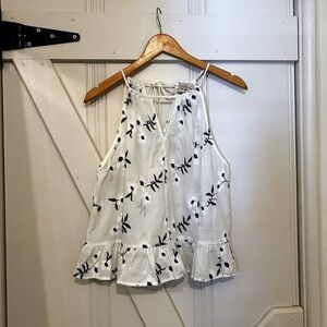 White Blouse with Navy and White  Embroidered flowers